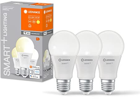 LEDVANCE Smarte LED-Lampe mit WiFi Technologie, Sockel E27, Dimmbar, Warmweiß (2700 K), ersetzt Glühlampen mit 60 W, SMART+ WiFi Classic Dimmable, 3er-Pack