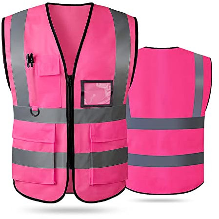 Gilet de sécurité haute visibilité réfléchissant pour homme et femme avec poches à fermeture éclair sur le devant, conforme aux normes ANSI/ISEA, Tissu rose, S
