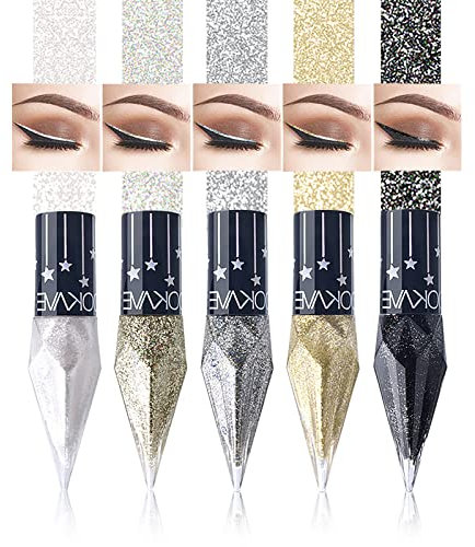MTUVKGT Diamond Liquid Glitter Eyeshadow Eyeliner Set, 5 Farben Metallisch Flüssiger Glitzer Lidschatten, Lang Anhaltender Wasserfester Schimmernder Lidschatten, Funkelndes Augen Schminke (48E)