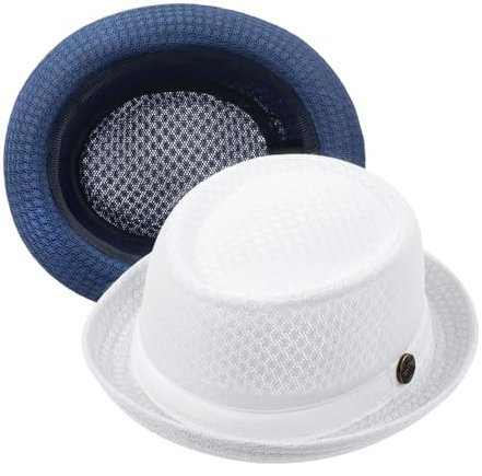 2/6 Pcs Summer Mesh Pork Pie Hat Beach Party Fedora Cap Boater Porkpie Breaking Bad Flat Hat for Men Women Straw White + Blue