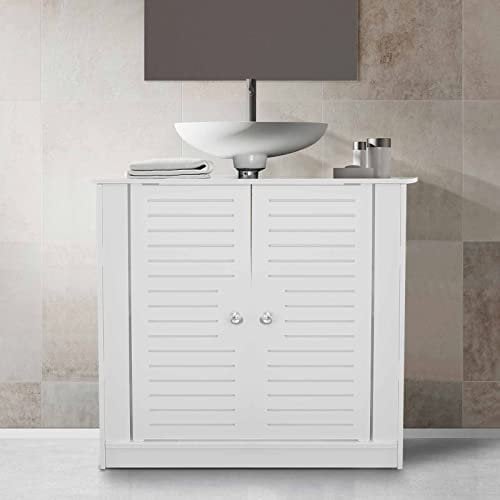 AOJEZOR Armadietto Sottolavabo da Bagno Mobile a Terra con 2 Ante in Legno Bianco Mobiletto sotto Il Lavello