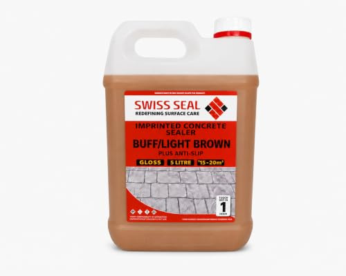 Swiss Seal | BUFF/LIGHT BROWN Coloured Imprinted Concrete Sealer GLOSS FINISH + ANTI-SLIP | Colour Tinted Driveway & Patio Sealant - Wet Look | Colour Tint Sealant For Outdoor Concrete Floor (5 Litre)