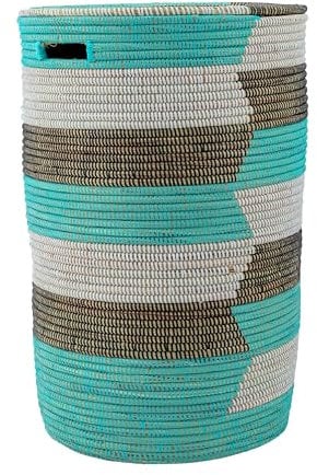 YAADU Wäschekorb mit Deckel 80L - XXL Wäschesammler, Großer Wäschekorb, Wäschebehälter, Wäschetonne, Korb mit Deckel, Wäscheboxen, Afrikanischer Korb, Modell Asmara (Türkis-Flach)
