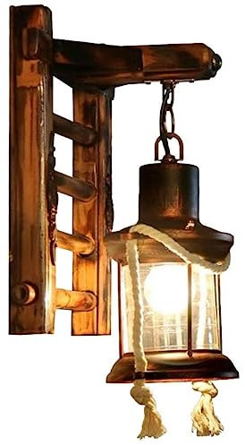 XinZe Rustique Rétro Bois Massif Applique E27 Applique Art Fer Lanterne Ancienne Bar Café Restaurant Eclairage Mural Salon Chambre Eclairage décoratif Verre Applique Intérieure