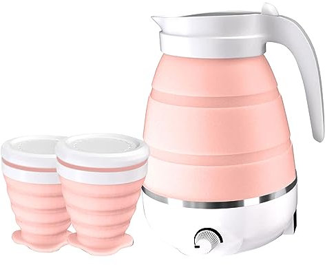 600ml Collapsible Kettle Foldable Travel Kettle, Electric Mini Kettle With 2 Mugs Folding Electric Kettle, Collapsible Camping Kettle Foldable Electric Kettle For Travel Milk Coffee Tea (Pink)