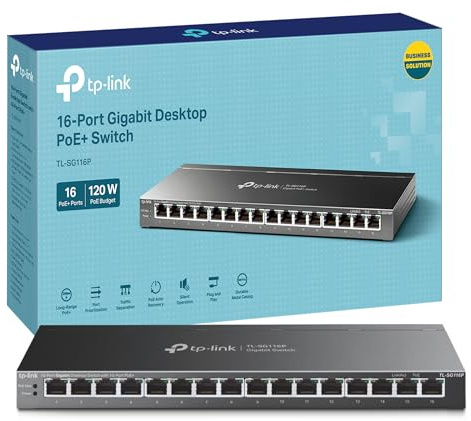 TP-Link Switch di rete desktop Gigabit a 16 porte TL-SG116P, splitter Ethernet PoE+ a 16 porte dedicato, budget di potenza totale 120 W, trasmissione fino a 250 m, switch PoE design fanless, involucro