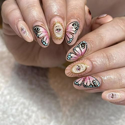 RUNRAYAY 24Pcs Evil Eyes Press on Nails, Medium Almond Butterfly Fake Nails, Reusable Nail Kit with Adhesive Tabs Mini Nail File, Nails Press Ons, DIY Home Salon Manicure for Women