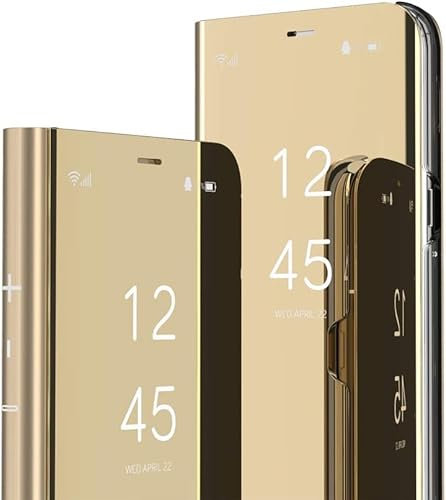 IMEIKONST Compatible with iPhone 15 Pro Max Case, Mirror Design PC + PU Leather Bookstyle Makeup Clear View Window Stand Protective Flip Cover for iPhone 15 Pro Max. Flip Mirror: Golden QH