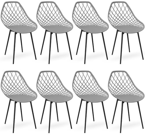LEWE 8er Set Gartenstühle Wasserdicht, mit Netzarmlehne und Schwarzen Stellfüßen, Stabile Terrassenstühle, Outdoor & Indoor Stühle, für Esszimmer, Terrasse, Balkon - Grau