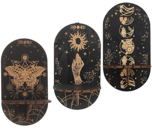 Amosfun 3 Stück Kristall-Display-Regal Boho-Sonne Und Mond Holz-Wandregal Schwebender Kerzenhalter Gothic-Hexen-Raumdekoration