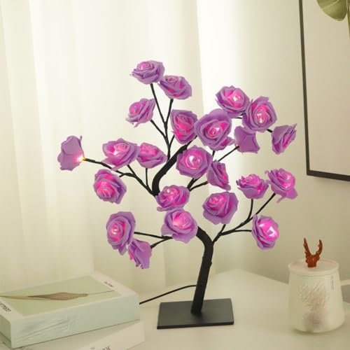 Tree Lamp, Rosenbaum Lichter, Beleuchtete künstliche Blumen Bonsai Baum Lichter, Rosen-Nachtlicht, LED-Rosenblume Tischleuchte Schreibtisch Baum leicht, USB batteriebetrieben (Lila)