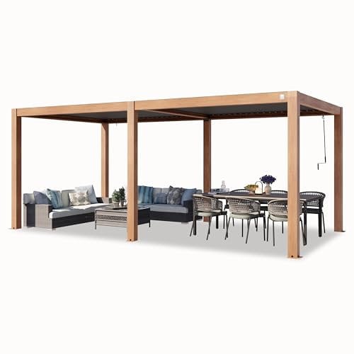 TOOLPORT PRIMEYARD Pérgola 3x6 m Postes de Aluminio Aspecto de Madera con Techo de Lamas de Aluminio pabellón de jardín