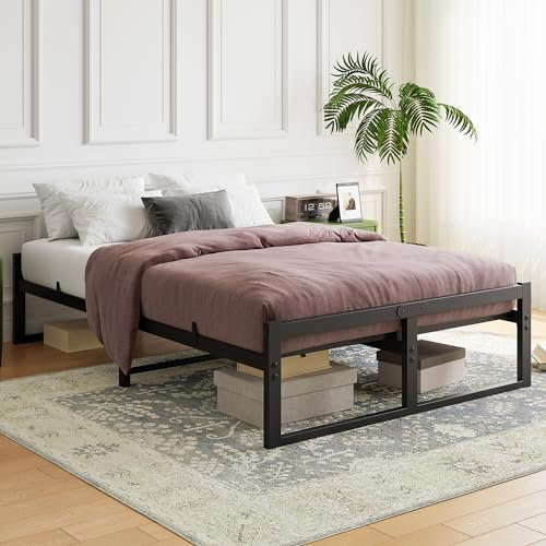 FORTUNERO Double Bed Frame, Metal Platform Bed with Underbed Storage, 27 cm Height, Steel Slats Support, No Noise, Foldable Black
