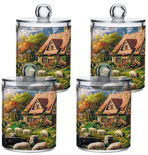 GAIREG Wattestäbchen-Spender, Herbst-Szene, Schaf, Badezimmer-Aufbewahrungsdosen, 4 Stück