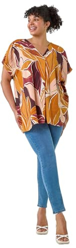 Roman Curve Abstract Print Pleat Front Top for Women UK - Ladies Everyday Holiday Spring Summer V-Neckline Comfy Soft Evening Vacation Work Party - Natural Multi Plus - Size 18