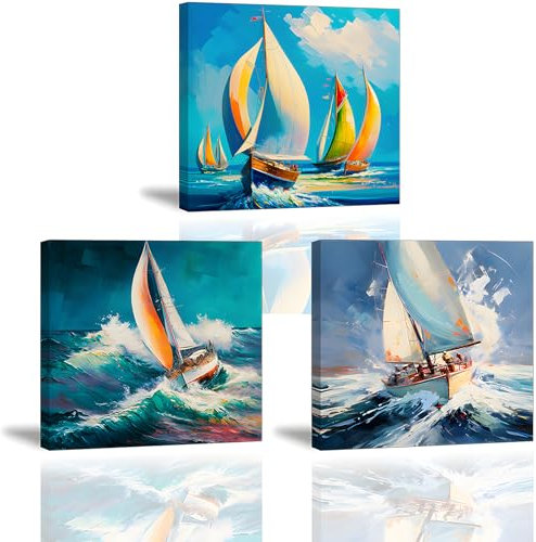 PIY PAINTING Impression sur Toile Bateau - Image sur toile de Navires en mer - Style peinture à l’huile - Tableau Décoration Peinture sur Toile Encadré - Deco Maison, Cuisine, Bureau, Bar, 3x 30x30 cm