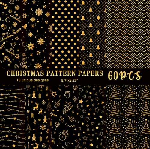 MIAHART 60-teiliges Weihnachtsmusterpapier-Set „Frohe Weihnachten“, 10 Designs, Festival-Bastelpapier für die Kartengestaltung, Scrapbook (Schwarz & Gold, A5)