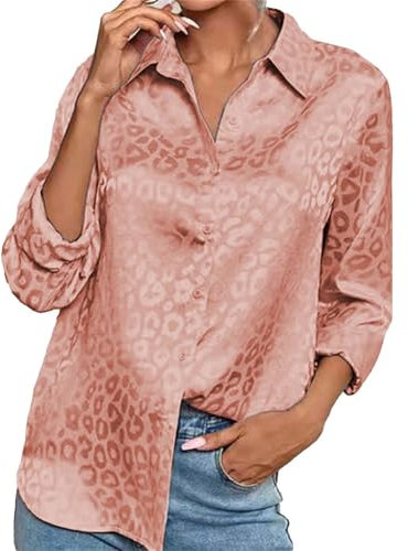 Chemises boutonnées en Satin pour Femmes, Manches Longues, col en V, Chemisiers de Travail décontractés imprimés T Shirt Manche Longue Femme (Rose Gold, XL)