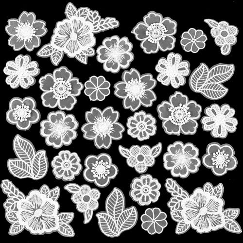 GORGECRAFT 1 Box 30 Stück 10 Stile Blumen Spitzen Applikation Stickerei Blumenblätter Aufnäher Verzierungen Stoffreparaturflicken Für Hochzeit Brautkleid Kleidung Hut Haarschmuck Nähen Basteln Weiß