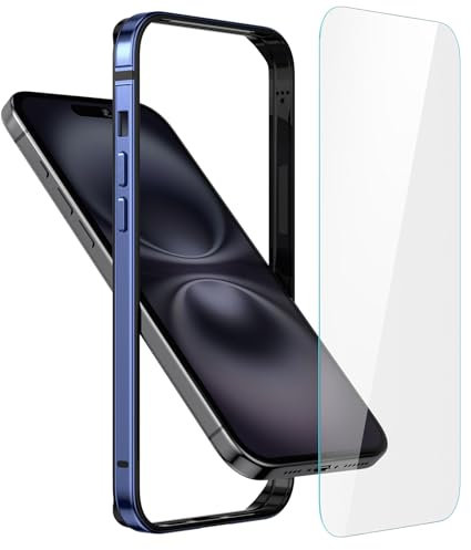 Metall Bumper Case für iPhone 16,Aluminium Rahmen Slim Case [Soft Inner Bumper][Erhöhter Randschutz] Stoßfester Bumper mit HD gehärtetem Glas Bildschirmschutz Abdeckung für iPhone 16 6.1 Zoll,blau