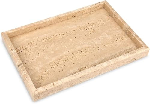 30x20x3cm Natural Marble Stone Tray, Rectangle Marble Vanity Tray Organizer, 2.4KG Marble Coffee Table Serving Tray, Decorative Toilet Tank Storage Tray Bath Tray for Bathroom,Vanity,Sink (Travertine)