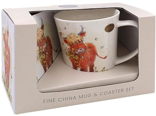 The Leonardo Collection Paper Shed Design Highland Cow Mug with Coaster for Home & Kitchen | Stylish Ceramic Mugs for Tea & Coffee | Lovely Cup Set for Mens Gifts & Birthday Gifts for Women
