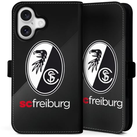 Klapphülle kompatibel mit Apple iPhone 16 Handyhülle aus Kunst Leder schwarz Flip Case SC Freiburg Logo Schriftzug