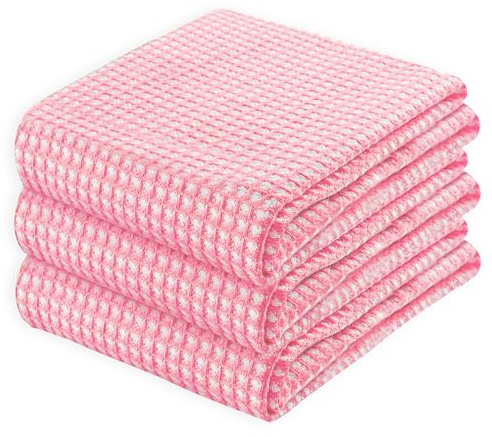 HEIRLOOM COMFORT 100% Cotton Waffle Kitchen Towels - Pack of 3 Absorbent & Quick-Drying Dish Towels - Soft Tea Towels for Drying, Cleaning, Cooking - Washable, Durable, Reusable - 66x40 cm, Pink