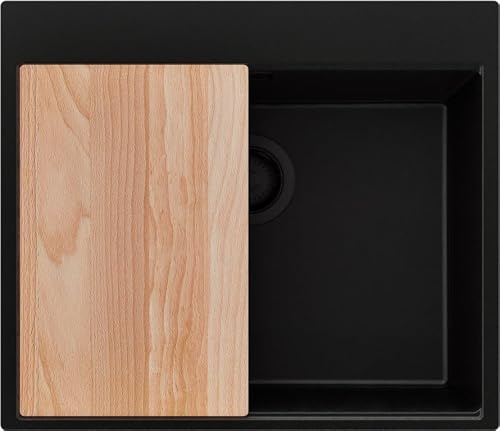 PRIMAGRAN Spülbecken ab 60er Unterschrank + Ablauf-Set, 58x50cm | Set: Ablauf-Set (Siphon, Ablaufgarnitur, Überlauf) + Schneidebrett + Granitspüle 1 Becken - Oslo Top, Alles Schwarz