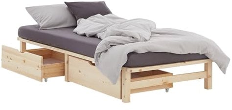 Homestyle4u Massivholzbett 90x200 mit Schubladen Palettenbett Matratze Holzbett mit Stauraum Kiefer Natur Gästebett
