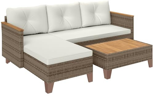 Outsunny Set di Mobili da Giardino in Rattan 3 Pezzi, Salotto da Esterno con Divano a 2 Posti, Chaise Longue, Tavolino da Caffè in Vetro e Cuscini Lavabili, Struttura in Acciaio, Cachi/Crema