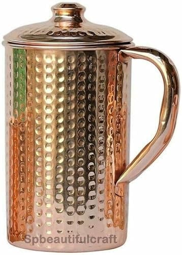 HRS India Wasserkrug aus reinem Kupfer, gehämmert, Krug, Wasserspeicher, Trinktopf, Ayurveda, gesundheitliche Vorteile, 2 Liter