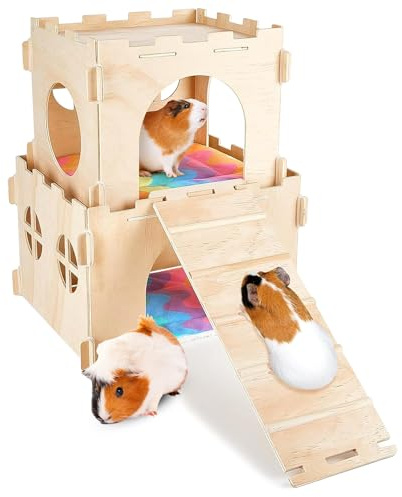 Vegena Meerschweinchenhaus aus Holz, Meerschweinchenversteck mit Rampe und Matten, abnehmbares Tierhaus mit Türen und Fenstern für Ratte, Chinchilla, Hamster, Hase, 55 x 25 x 20 cm