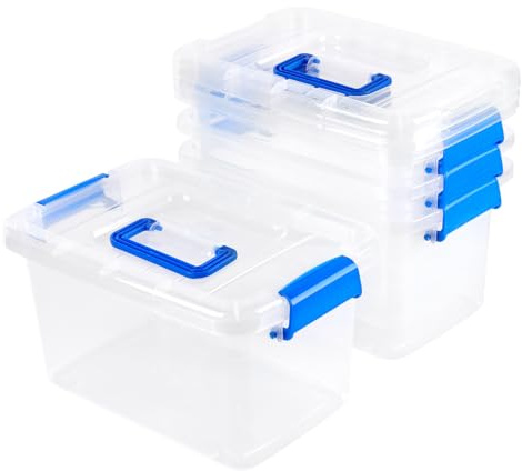 FUNSUEI Set of 4 Clear Plastic Storage Boxes with Lids, 4L Stackable Organizer for Kitchen & Craft Supplies Sorting