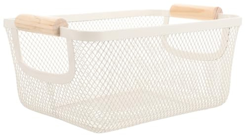 BESTYASH Wrought Iron Wire Storage Basket Wooden Handles Decorative Metal Basket for Organizing Bathroom Kitchen or Pantry Rectangular Shape for Home Storage