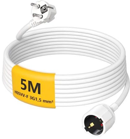 HUARUI Verlängerungskabel 5m, Kunststoff Verlängerung mit Schutzkontakt Stecker und Steckdose, H05VV-F 3G1,5 mm² Schuko Stromkabel (16A/250V, 3500W, IP20), für Innenbereich, weiß
