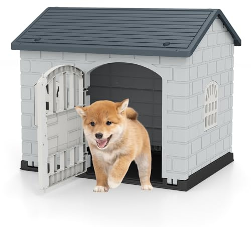 GOPLUS Hundehütte Outdoor, Hundehütte wetterfest mit abschließbarer Tür, 3 Fenster, geneigtes Dach, Hundekäfig Indoor, Haustierhaus Zuhause für kleine bis mittelgroße Hunde & Katzen (Grau)