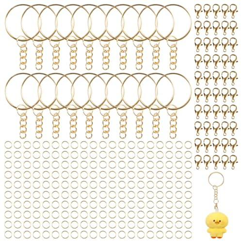 Varenzya 170 Stück Gold Keychain Making Kit 25mm DIY Schlüsselanhänger Gold | Schlüsselring mit Kette, Herstellung Goldener Schlüsselanhänger Selber Machen, für Bastelarbeiten Schmuckherstellung