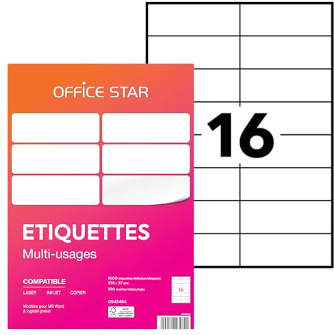OFFICE STAR - 1600 Étiquettes Autocollantes Multi-Usages Blanches Personnalisables Imprimables - Format 105 x 37 mm - Impression Laset Jet d'Encre et Copieur
