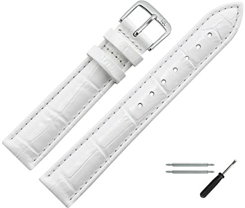MARBURGER Uhrenarmband 18mm Leder Weiss Silber Alligator Prägung Mit Naht - Montage Set 1431820000120
