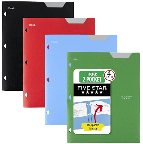 Five Star 2-Pocket Folder, 4 Pack, Plastic Folder with Stay-Put Tabs and Prong Fasteners, Fits 3-Ring Binder, Holds 8-1/2 x 11” Paper, Black, Fire Red, Forest Green, Pacific Blue (38049)