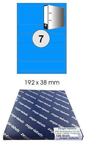 700 Ordnerrücken-Etiketten 192 x 38 mm BLAU selbstklebend auf DIN A4 Bögen (1x7 Etiketten) - 100 Blatt Pack - Universell für Laser/Inkjet/Kopierer einsetzbar - 192x38mm 7-teilig