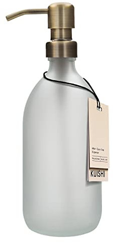 Kuishi Mattes Glas Weiß Seifenspender Pumpflasche [500ml, Gold], Glasflasche Seifenspender mit Edelstahlpumpe, Weiß Badzubehör (BPA-frei)