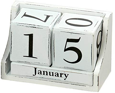 WHW Whole House Worlds Moderner ewiger Holz-Würfel-Kalender, Schreibtisch-Accessoire, weiße Ziffern, Shabby-Stil, rustikales weißes Finish über schwarzem Fleck, 5-teiliges Set, 14 x 7 8,9 cm (L B H)