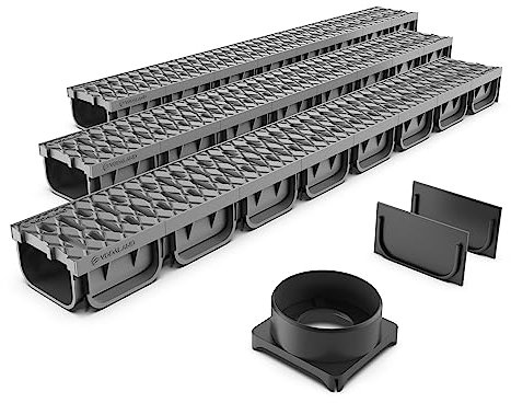 Kit Canal de Drenaje para Ducha y Piscina VODALAND Easy 2-3 Metros, Color Gris - Canaleta de Desagüe con Rejilla para Jardín, Aguas Pluviales y Terraza - Canaletas Galvanizadas VODALAND