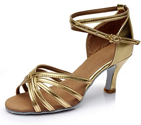 Deloito Damen Mode Elegant Ballsaal Tango Latein Salsa Tanzschuhe Party Hochzeit Sozial Pailletten Schuhe Weicher Boden Spitze Absätze Tanzschuh (40 EU, Gold-G)