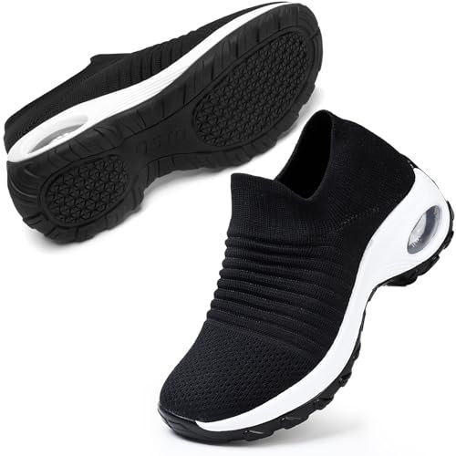 STQ Damen Wanderschuhe Slip on Lightweight Mesh Sneakers Atmungsaktiv Tennis Bequeme Plateauschuhe Schwarz Weiß 38 EU