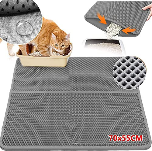 Verbesserte Katzenklo Matte 70 x 55CM | Katzenstreumatte Unterlage für Katzentoilette Katzenklo Vorleger | Doppelte Schichte Entwurf Wasserdichte Urin Proof Einfache Reinigung Katzenmatte - Grau