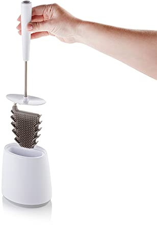 Minky Toilet Brush & Holder, Silicon Head & Stainless Steel Handle, Sturdy Oval Shaped Base, Deep Cleaning Toilet Brush Set With Non Slip Handle, White & Light Grey, Made in the UK