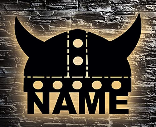 LEON - FOLIEN Wikinger Helm Led personalisiert mit Name Schlummerlicht Nachtlicht Geschenk Baby Kinder Junge Mädchen Jungs Wand Lampe zum Geburtstag